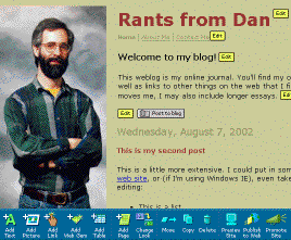 Rants from Dan sample blog being edited showing lots of Edit buttons, a toolbar, and a Post to blog button